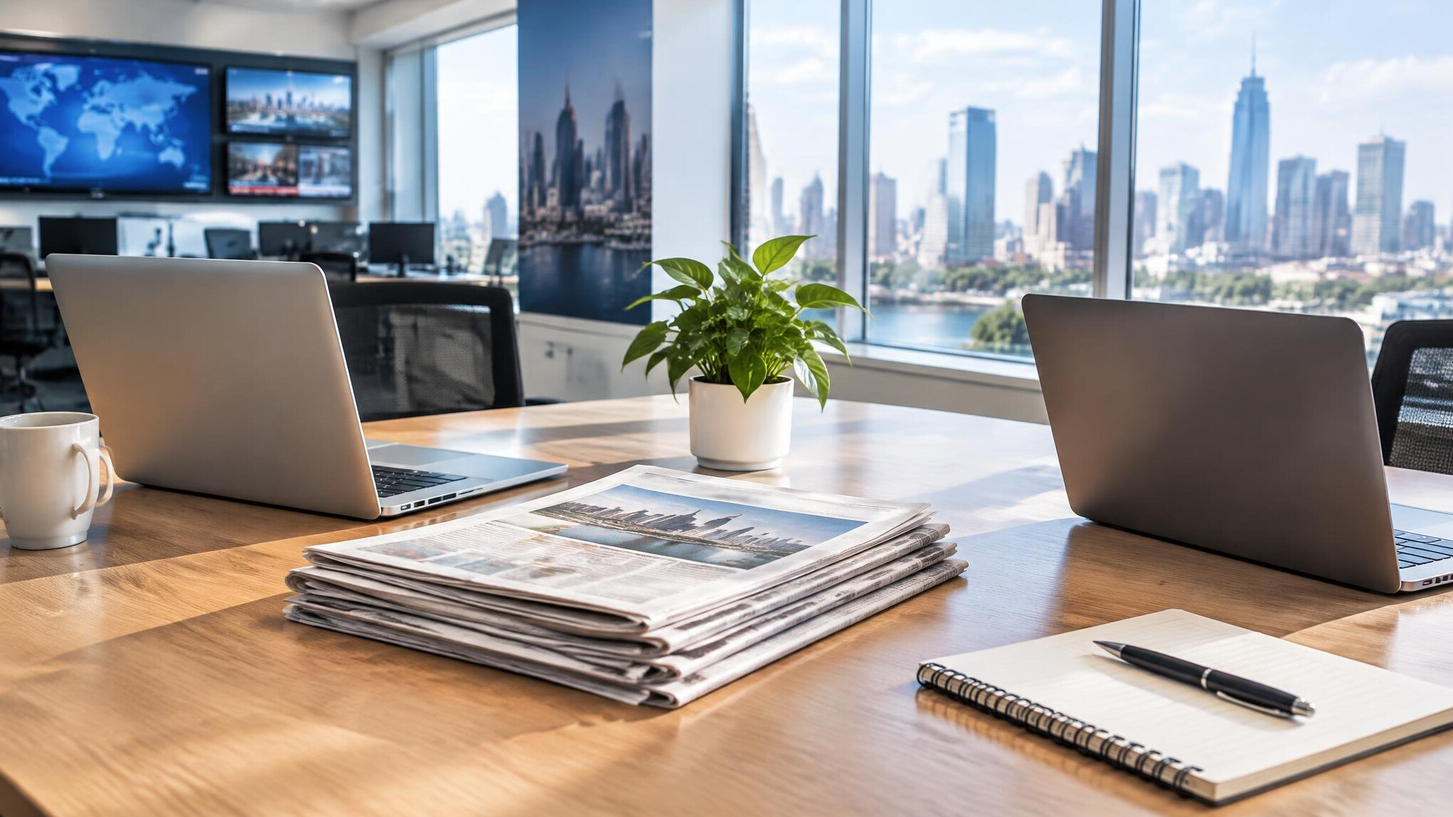 Bright newsroom desk with laptops and newspapers
