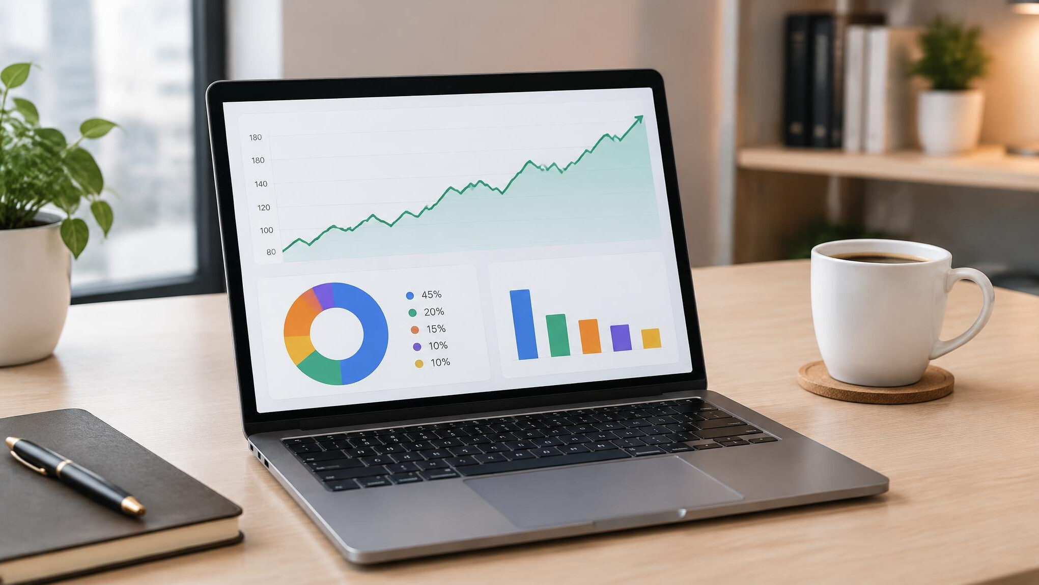Laptop screen showing a financial growth chart