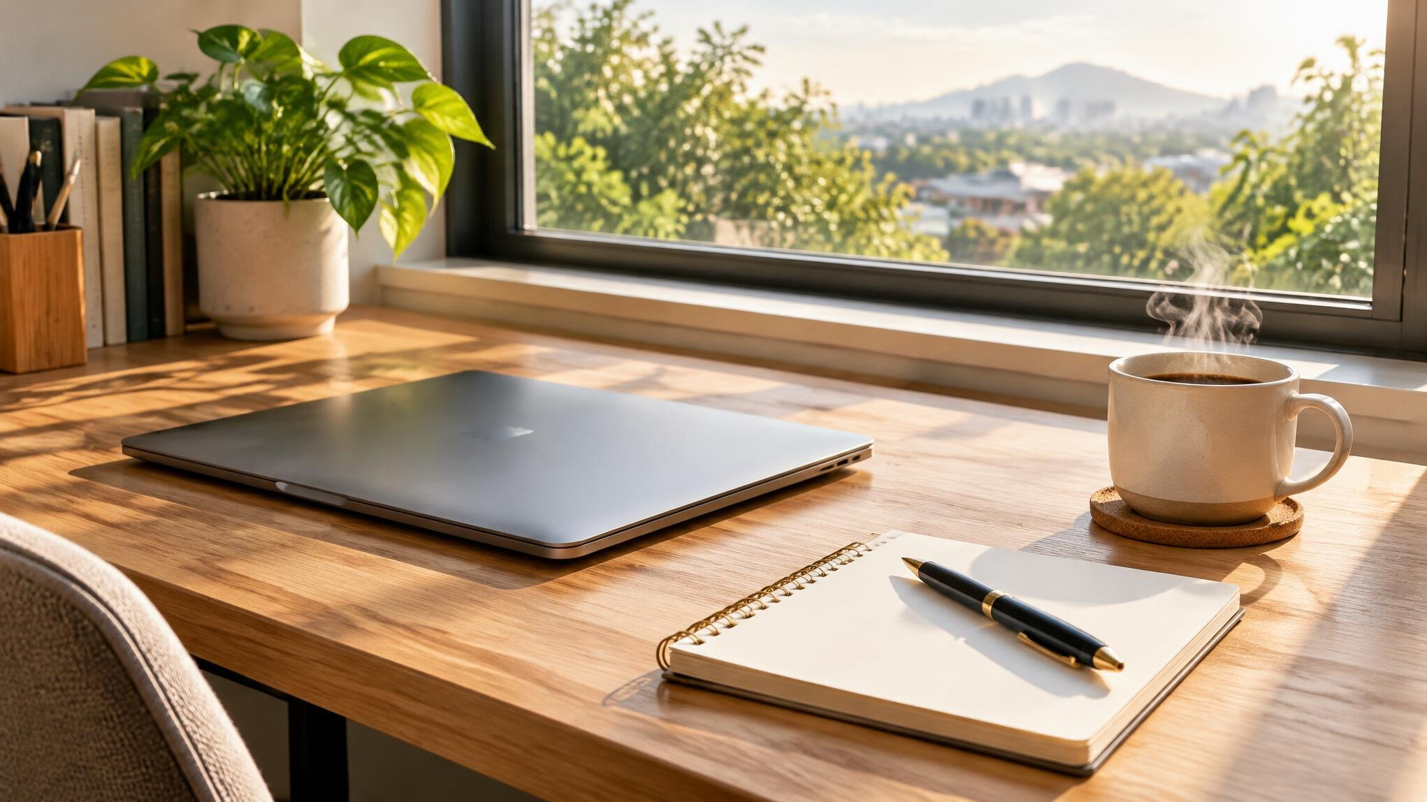 Desk with laptop, notepad and coffee cup near a window