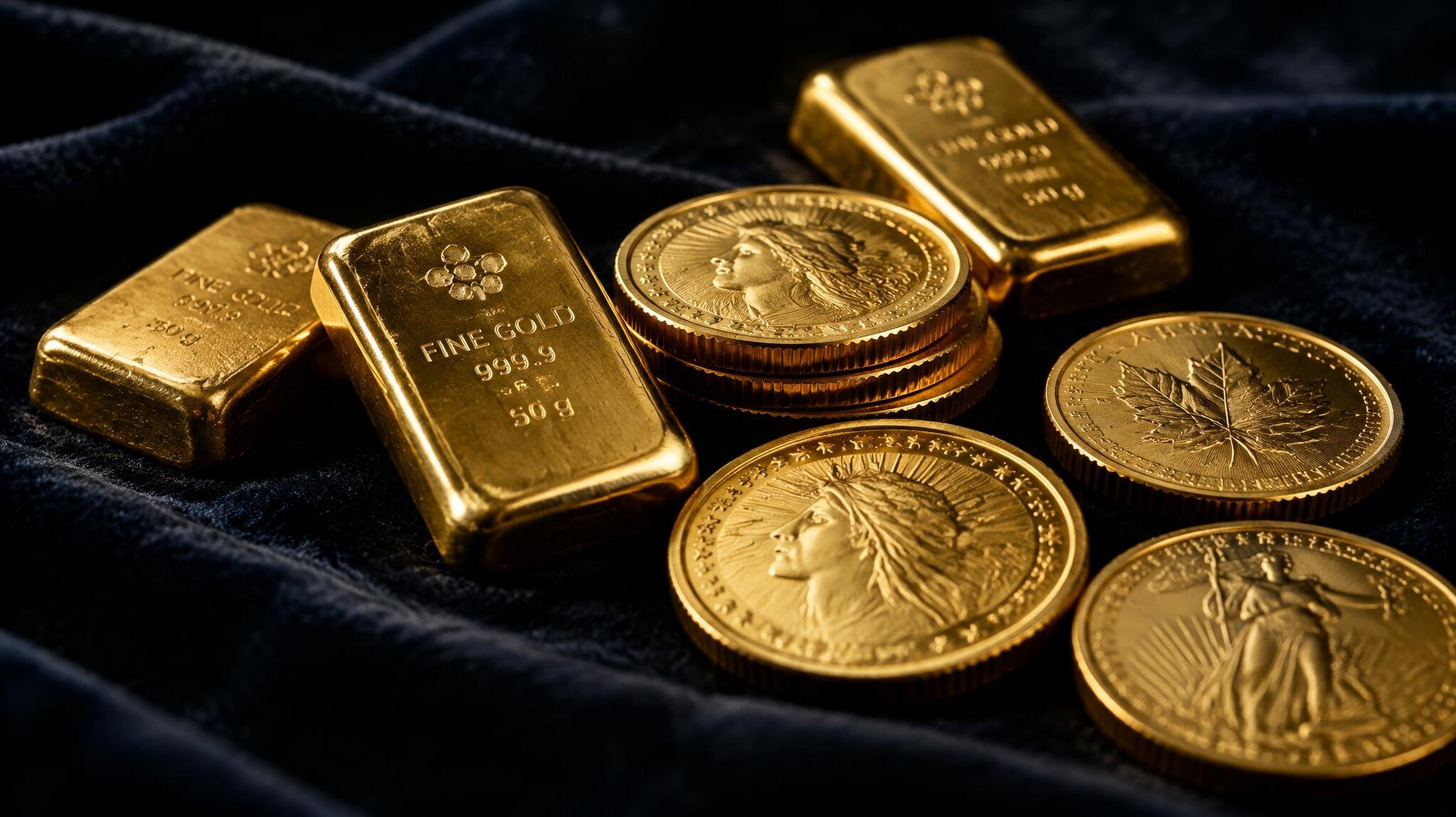 Gold bars and gold coins on a dark surface