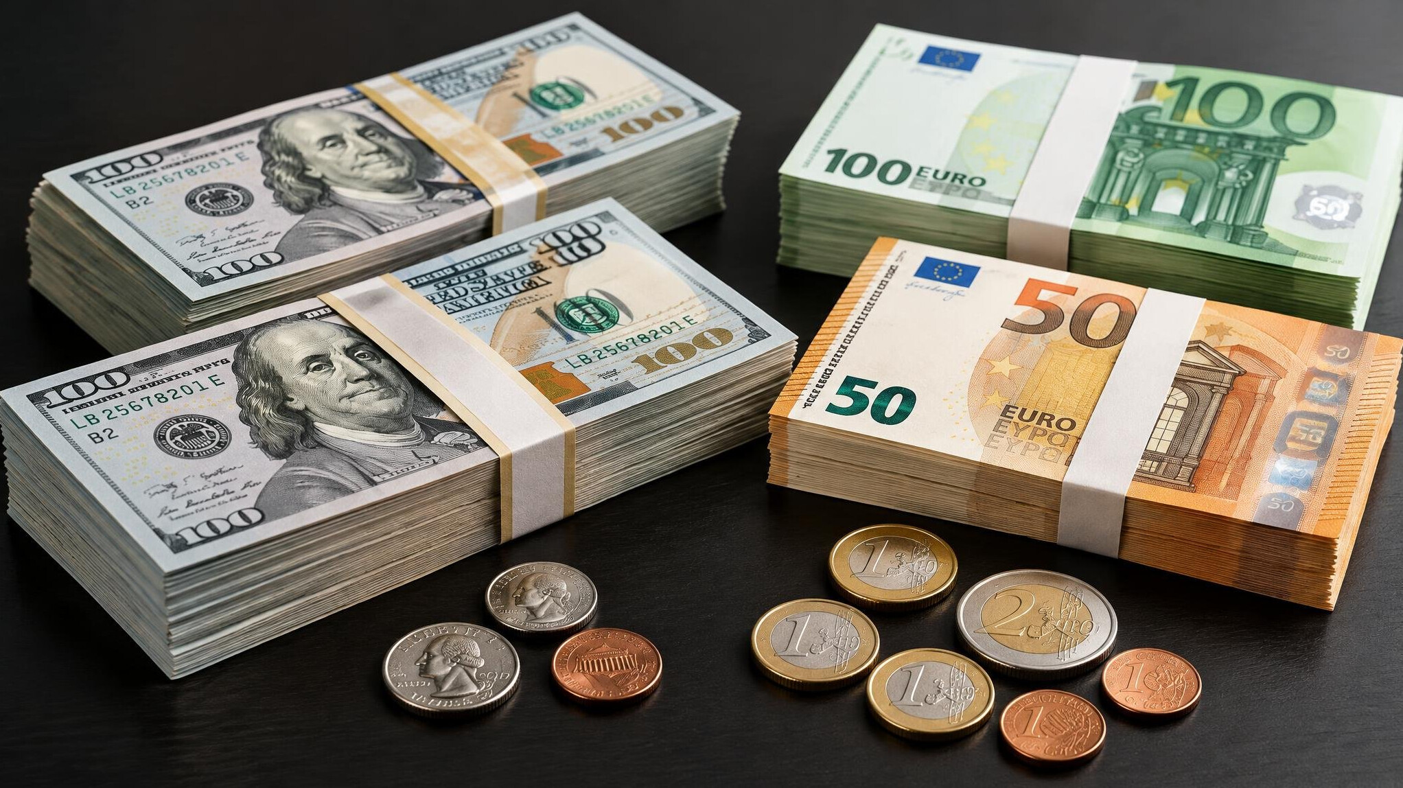 Stacks of dollar and euro banknotes on a table