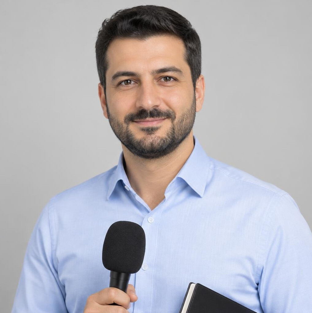 Portrait of a Turkish man economics reporter with a beard