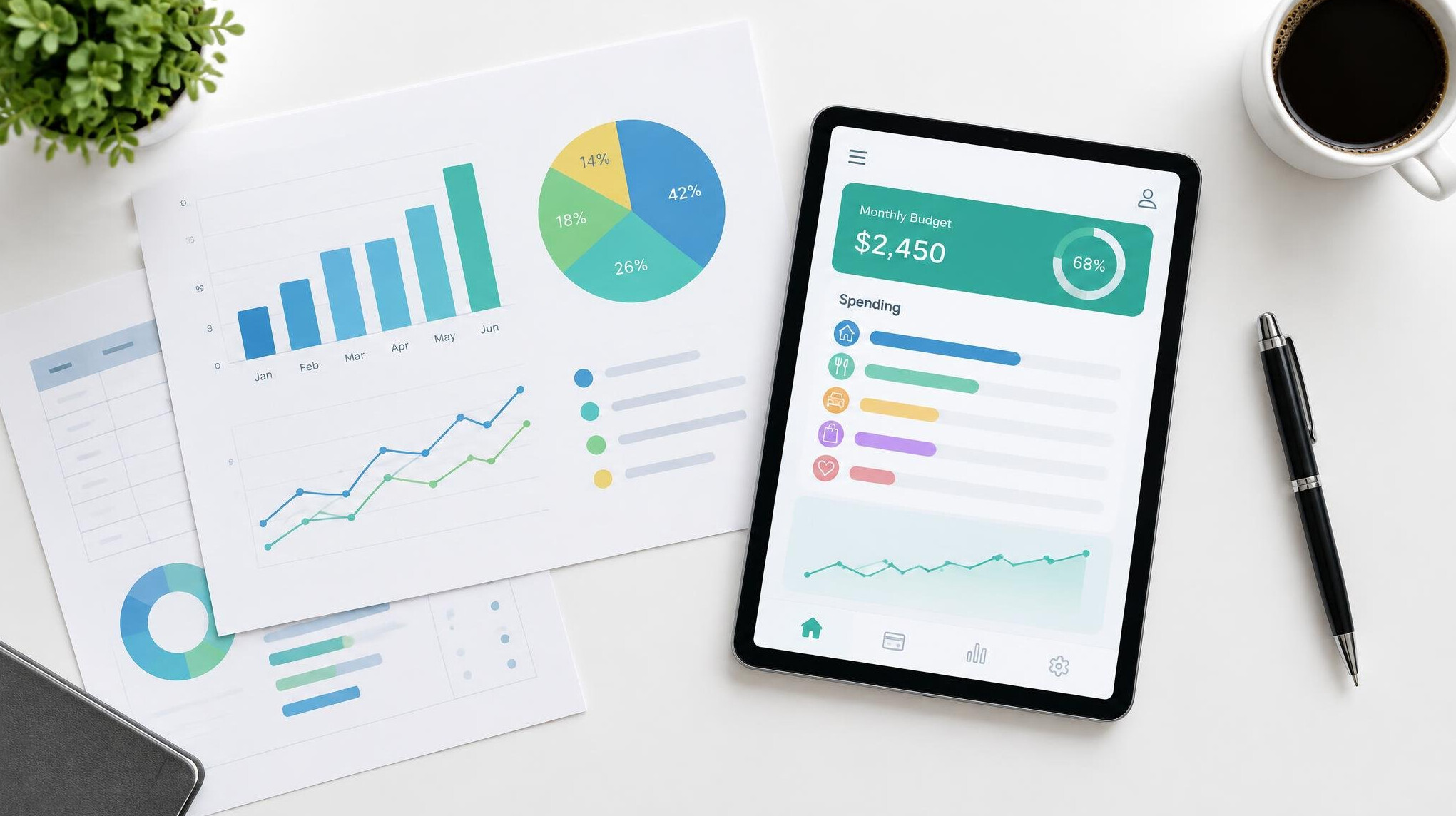 Financial planning papers, tablet and pen on a table