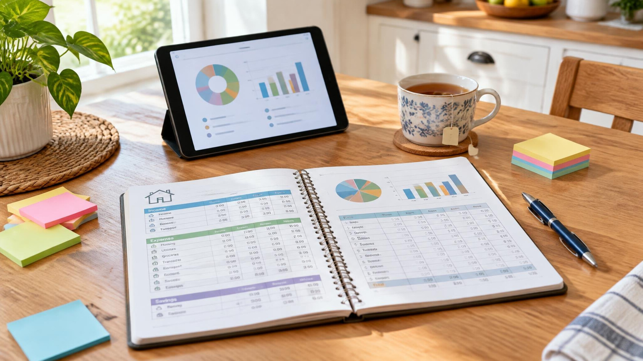 Family budget planner with spreadsheets and sticky notes