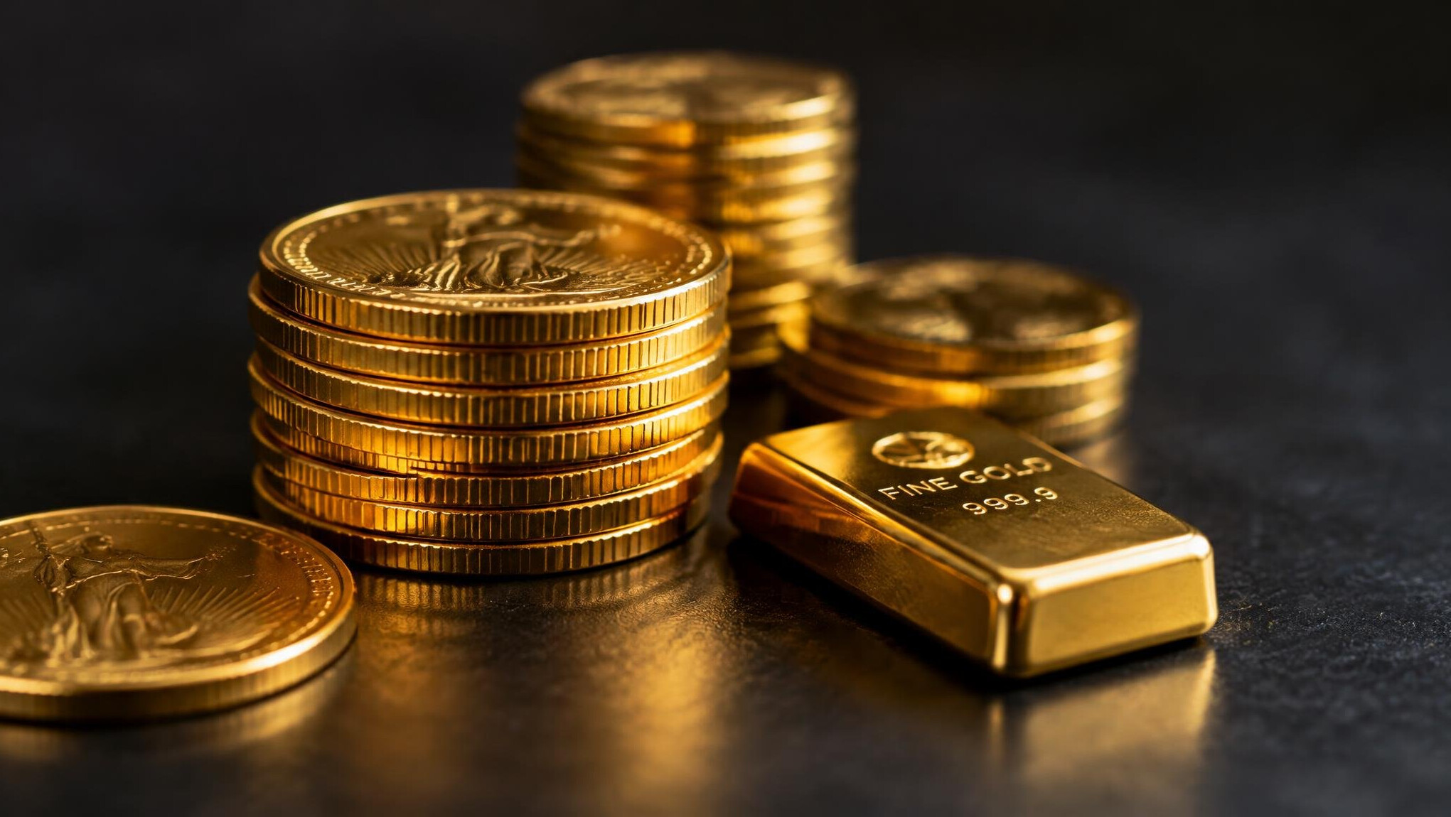 Stack of gold coins and bars on a dark surface